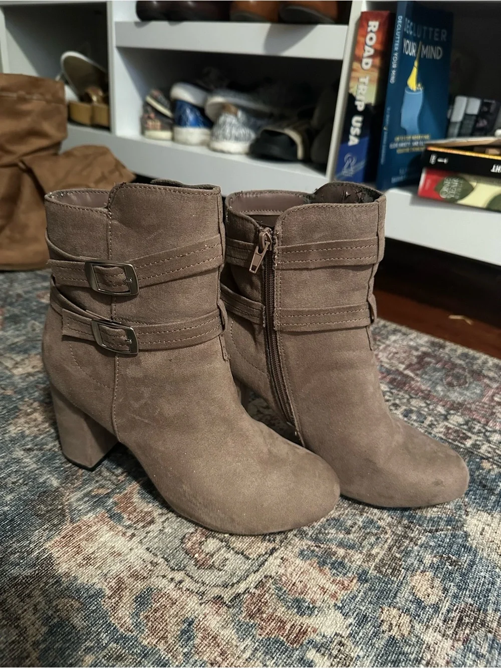 Christian Siriano for Payless Taupe Pink Mauve Suede Buckle Ankle Boots 8